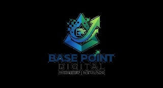 Base Point Digital logo featuring blue and green upward arrows with hexagon shape and tagline Words That Resonate